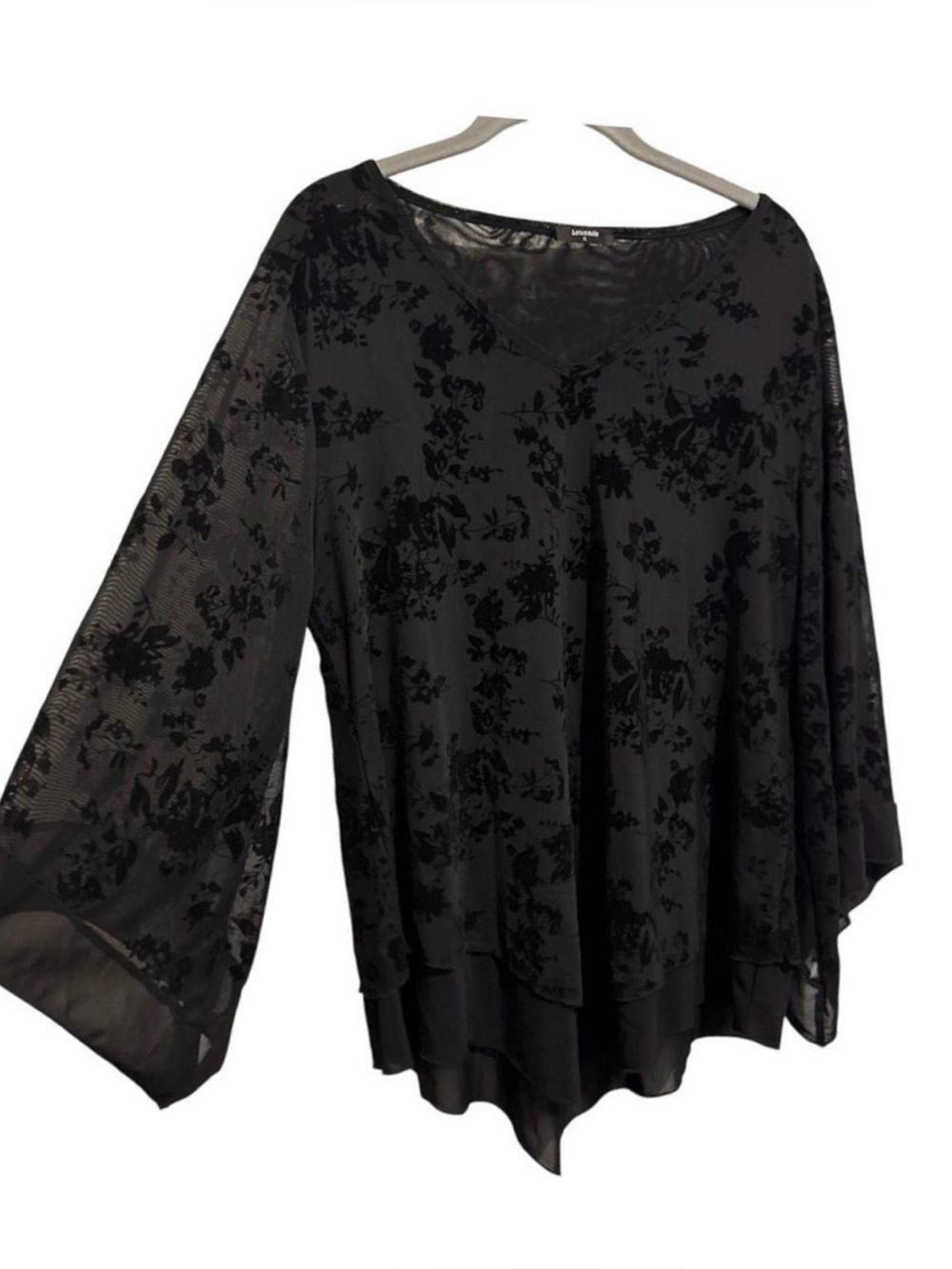 Velvet Burnout Black Floral Top Double layer Mesh Blouse Whimsigoth Office XL